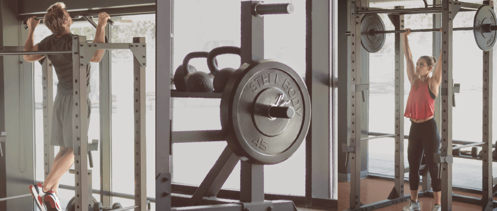 Man and woman performing barbell and pull-up exercises using Steelbody strength equipment in a modern gym